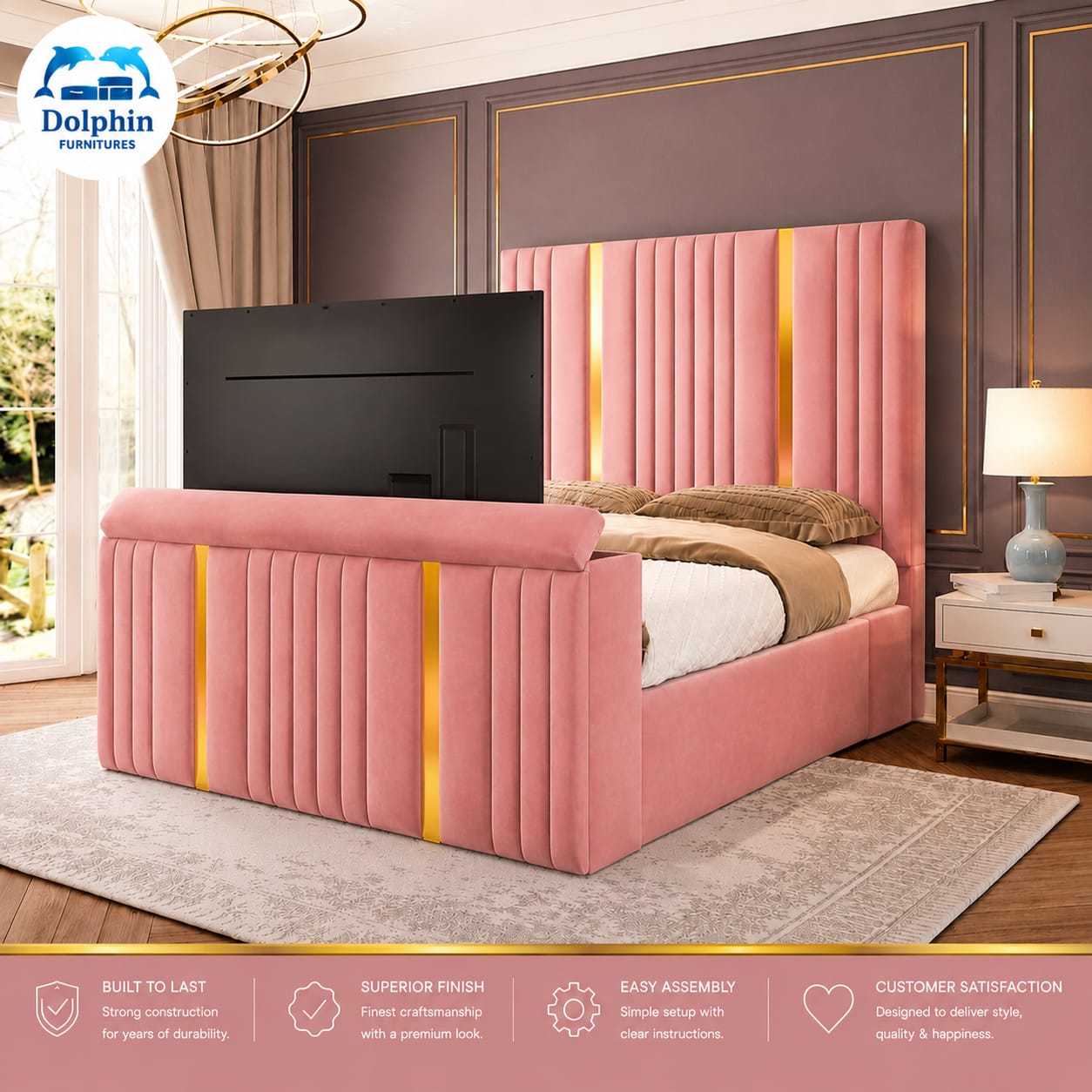 Modern Luxury style Gold Strip panel design Remote control tv bed with optional ottoman storage (5) Modern Luxury style Gold Strip panel design Remote control tv bed with optional ottoman storage - Image 1